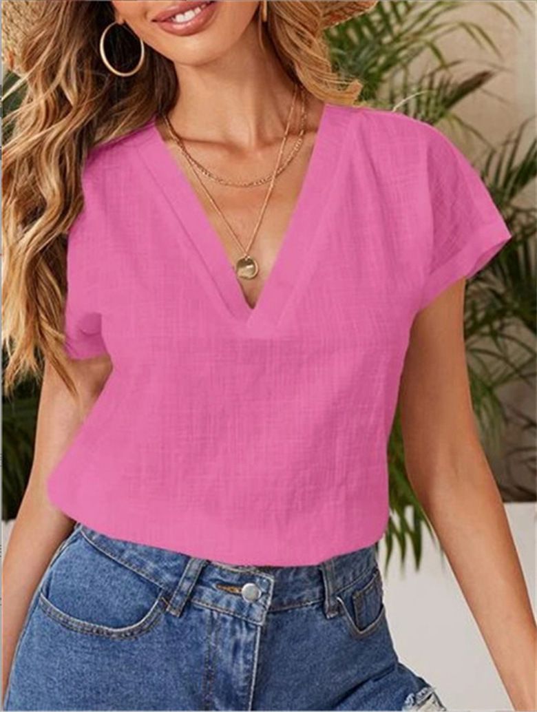 Roupas femininas Nova cor sólida algodão e linho solto manga curta gola V camisa de manga curta_voghion.com