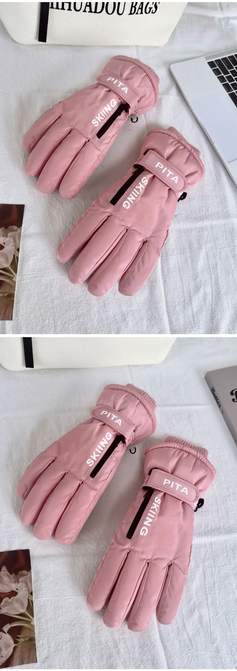 Guanti da sci touchscreen a palmo intero da donna in pile con cerniera spessa, per ciclismo invernale, bici elettrica, antifreddo e antivento_voghion.com