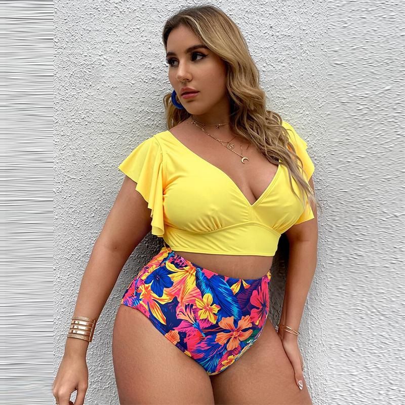 Grote maat splitbikini voor dames met geplooide ruches en hoge taille met print_voghion.com