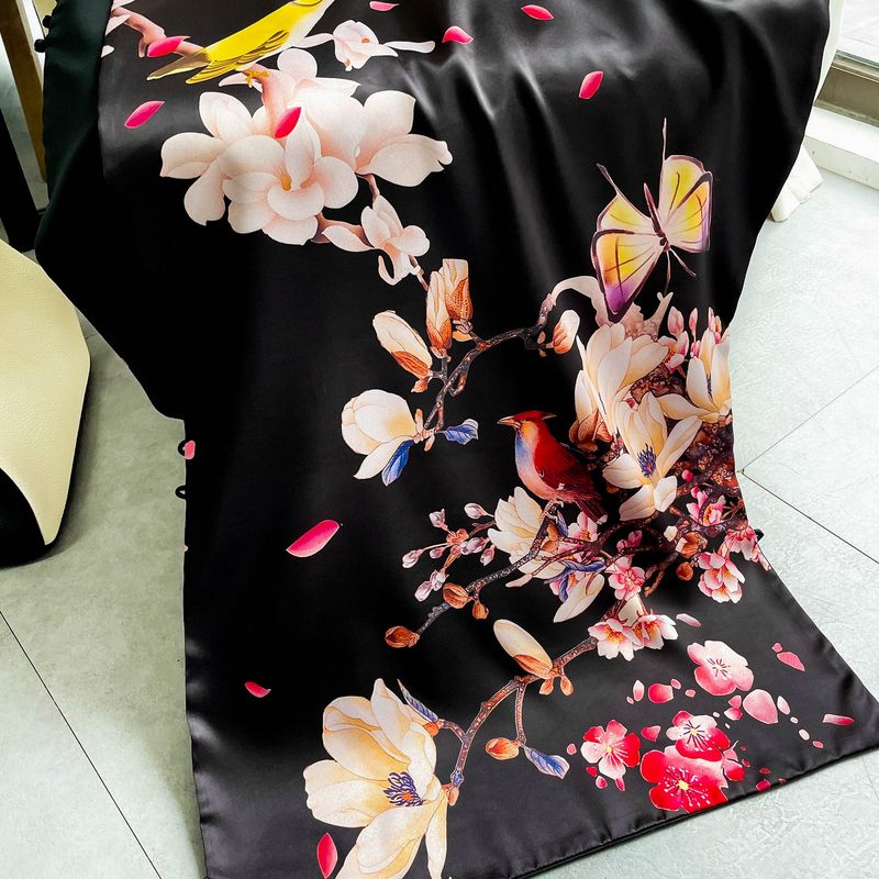 Dámský hedvábný šál cheongsam s květinovým potiskem, oboustrannou dvouvrstvou sponou a ozdobným knoflíkem_voghion.com