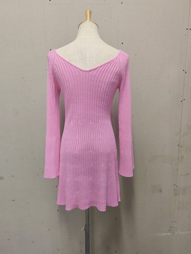 Elegante abito in maglia a trapezio con scollo a V per donna - Morbido misto cotone, abito casual corto senza maniche, versatile outfit primaverile e autunnale_voghion.com