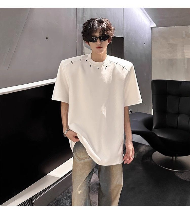 American High Street Short T-Shirt For Men Summer Trendy Loose Fit High-End Feel Padded Shoulder Versatile Five-Quarter_voghion.com