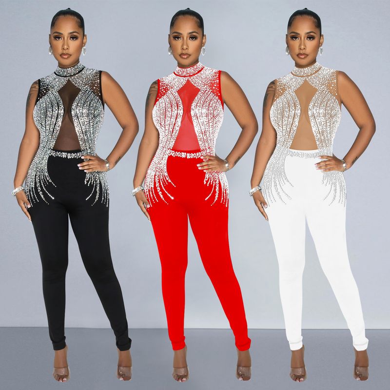 Vêtements pour femmes mode femmes couleur unie maille presse perceuse sans manches pantalon combinaison_voghion.com