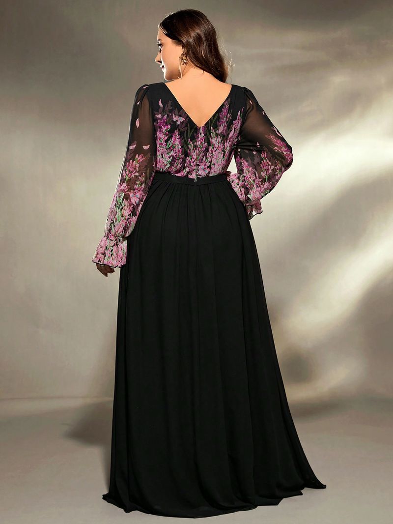 Elegante V-hals plus-size lange mouwen feestjurk voor vrouwen - A-lijn formele jurk met flatterende pasvorm voor verjaardagen en speciale gelegenheden_voghion.com