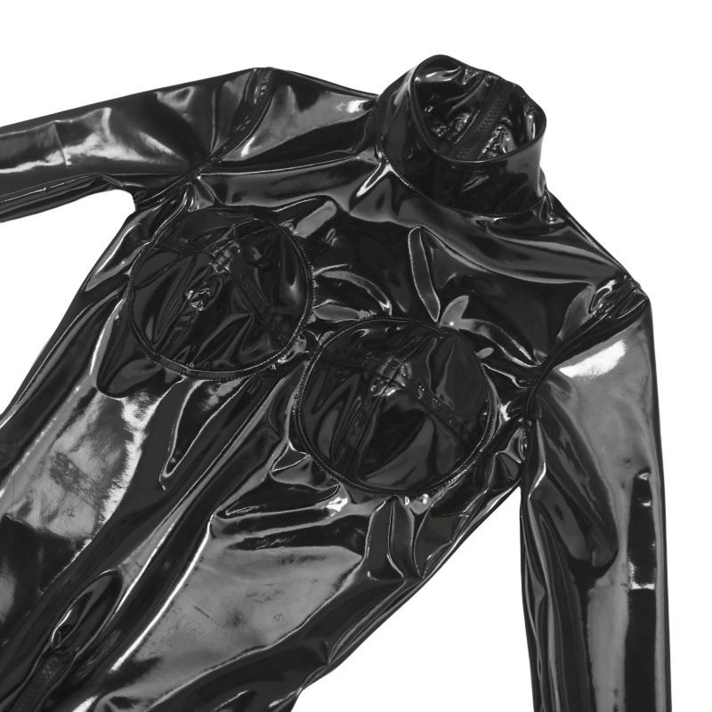 Combinaison sexy en latex PU ammoniac pour femme, effet gainant, body moulant, noir brillant, pour boîte de nuit, spectacle de danse, collants élastiques_voghion.com