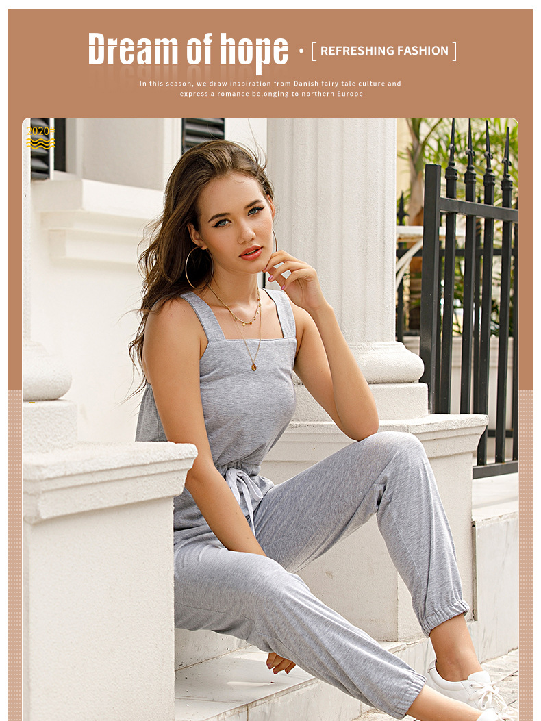 Women's long pants with solid color straight tube lace up work suit jumpsuit_voghion.com
