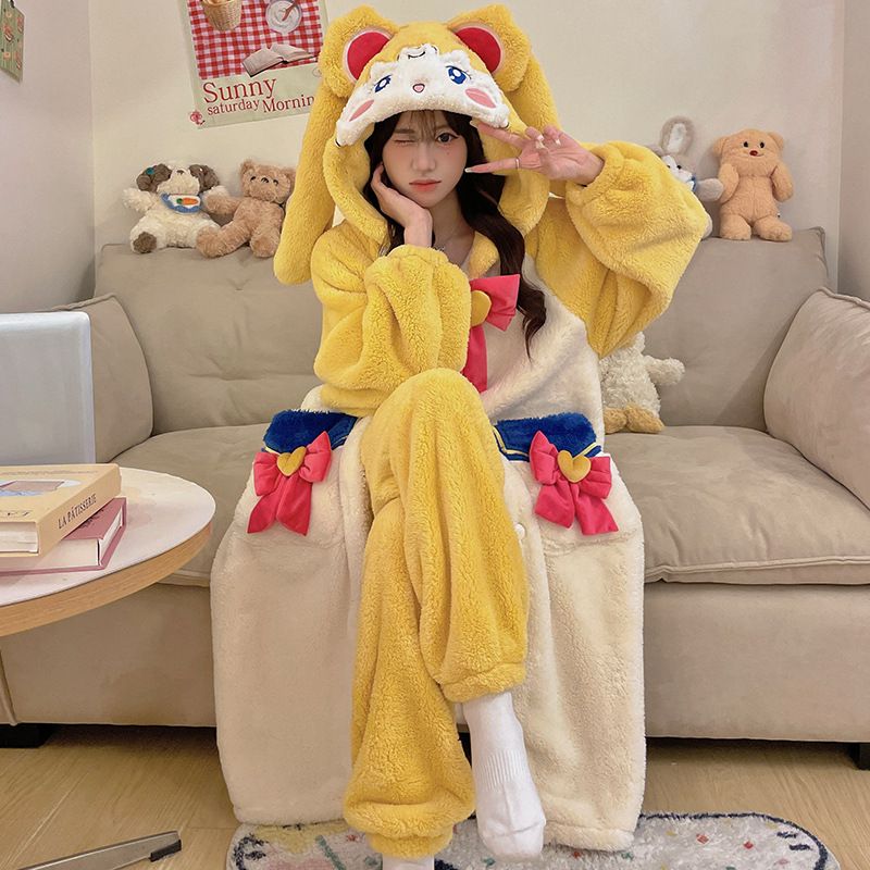 Pyjama mignon de dessin animé d'hiver 202, ensemble de robe longue à poils pour femmes, ensemble de vêtements amples à capuche cardigan_voghion.com