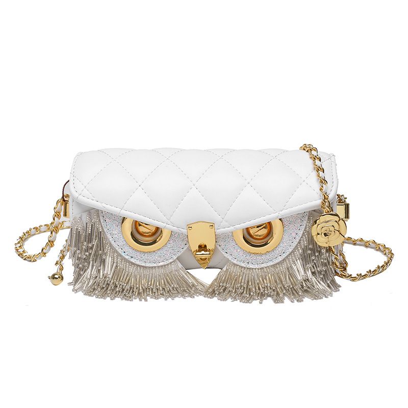 Borsa a tracolla rotonda piccola con tracolla a forma di gufo divertente, nuova moda, con nappa, trapuntata, a forma di cilindro e catena da donna_voghion.com