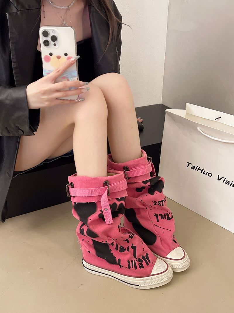 Damenschuhe Stiefel Damen Retro Flache Graffiti Wadenhohe Stiefel Sexy Große Mode Pile Stiefel_voghion.com