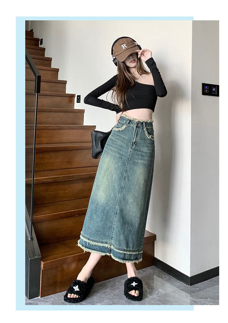 Robuuste denim voor dames in de zomer, nieuwe Instagram-stijl Koreaanse versie billen gewikkelde rok, A-lijn, gemiddelde lengte,_voghion.com