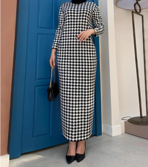 Women's Clothing Thousand-bird lattice long-sleeved coat fashion dress set_voghion.com