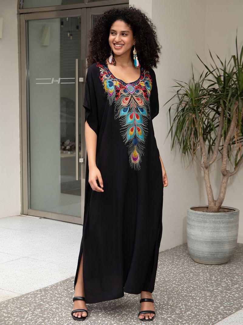 Damenbekleidung Baumwolle Stickerei Urlaub Lose Große Größe Kleid Strand Lange Robe Bikini Cover Up_voghion.com