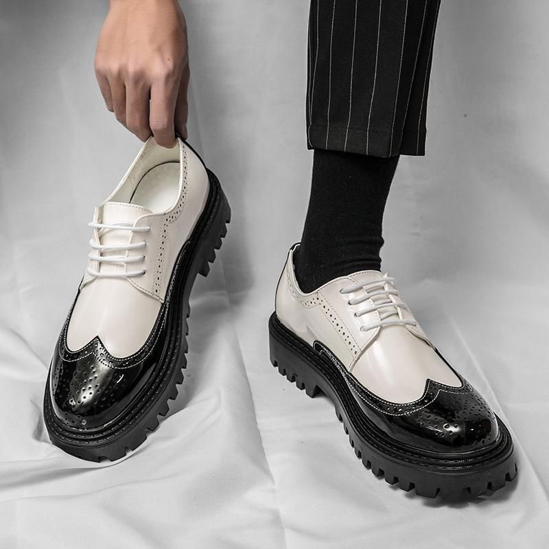 Euro Step 2025 Brogue Embossed Leather Men's British Style White And Black Two-Tone Casual Studio Photo Groom Shoes_voghion.com