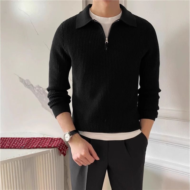 Maglione a maniche lunghe con collo a polo e mezza zip, nuovo, lavorato a maglia con parte superiore a nido d'ape, realizzato in filato tinta unita dalla vestibilità attillata._voghion.com
