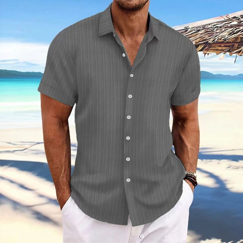 Camicia casual a maniche corte in cotone e lino a righe jacquard da uomo_voghion.com