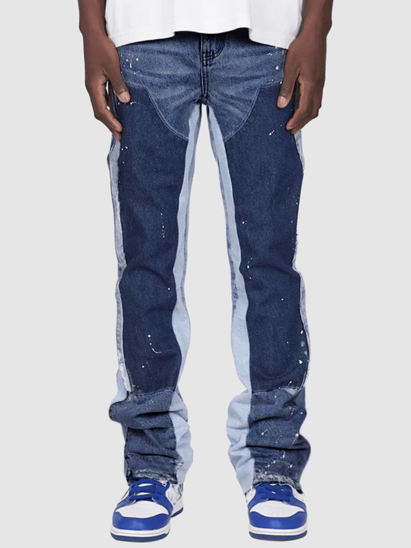 2025 Men's Fashionable Ins Workwear Elastic Patch Denim Layered Flared Pants_voghion.com