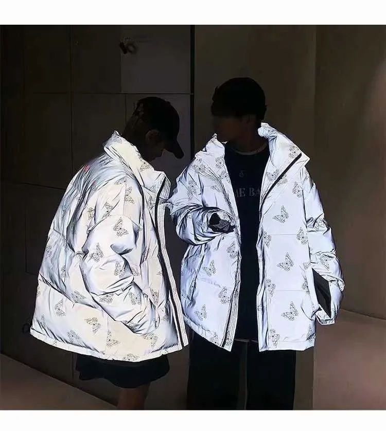 Veste parka rembourrée réfléchissante pour homme et femme, manteau d'hiver épais, coupe-vent, ample et chaud, avec papillon brillant_voghion.com