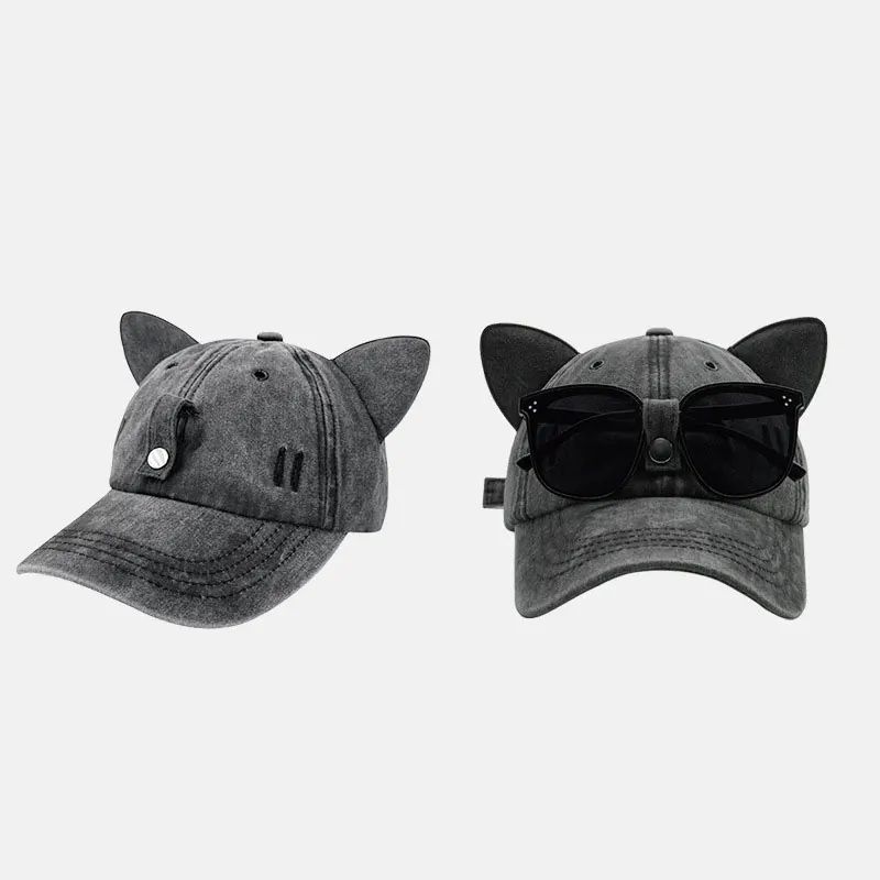 Nuovo simpatico cappello da pilota con orecchie di gatto con occhiali Berretto da baseball lavato con acqua Visiera parasole esterna regolabile Cappelli da sole Regalo unisex_voghion.com