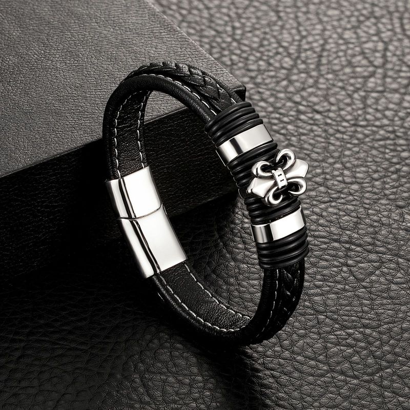 Bracciale intrecciato in acciaio inossidabile con cordino in pelle da uomo, accessorio di personalità_voghion.com