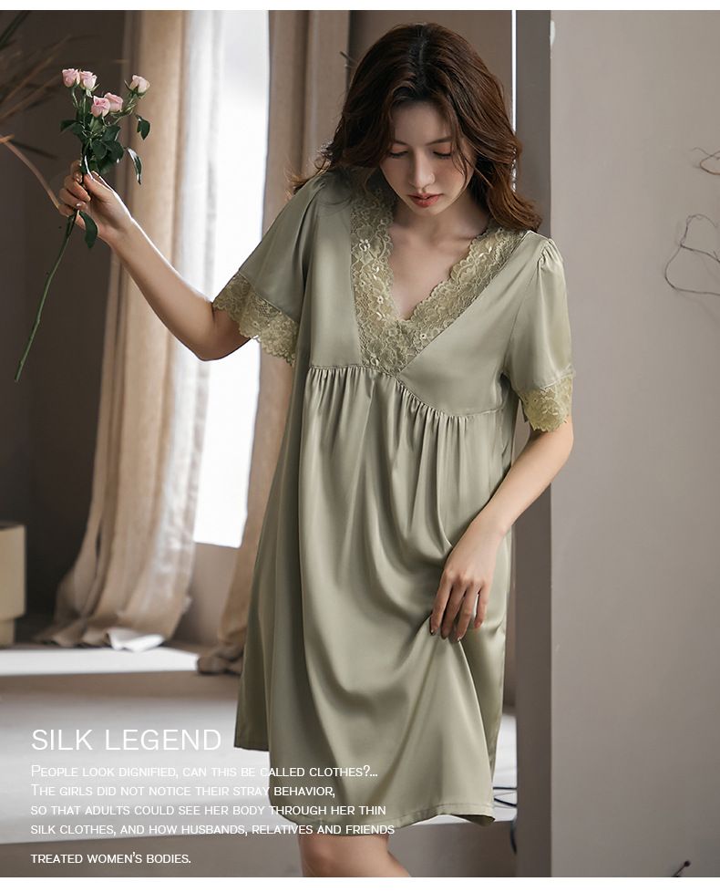 Women's Sleepwears Large Lace Nightdress Medium Length Ice Silk Short Sleeved Simple Large Size Nightdress Home Clothes_voghion.com