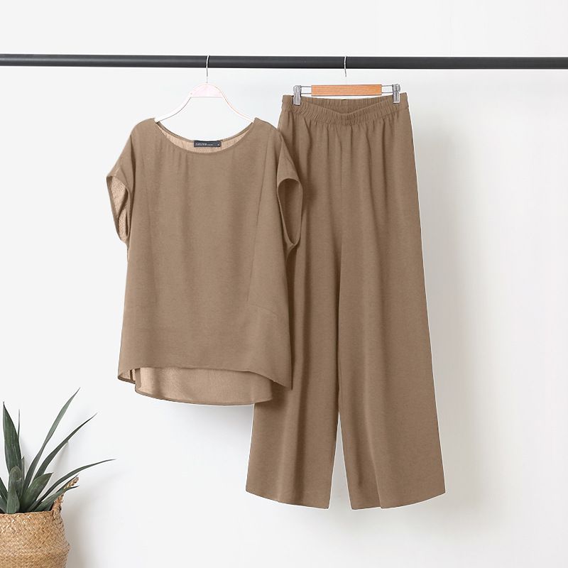 Ensemble 2 pièces pour femmes, chemise à manches courtes et pantalon large à la mode, vêtements de sport amples_voghion.com
