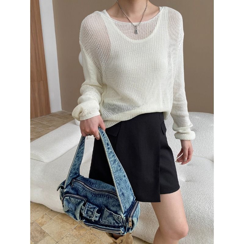 LazyZoom Sinan Lightweight Paper-Thin Tencel Linen Relaxed Sun Protection Knit Vest Set SN7342_voghion.com