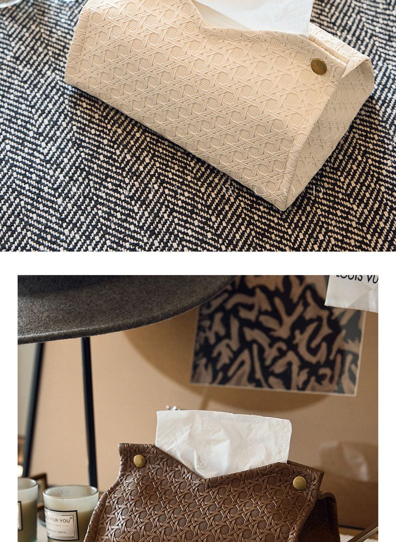 Rattan Desenli Çıtçıtlı Lüks Ev Kılıfı Üst Düzey Masaüstü Depolama Dokulu V Ağızlı Mendil Kutusu_voghion.com