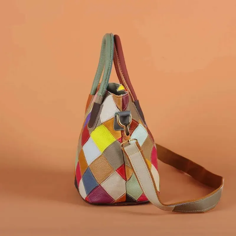 Designer 2025 Multi-Color Plaid Random Contrast Color Genuine Leather Cowhide Casual Handbag One Shoulder Crossbody_voghion.com