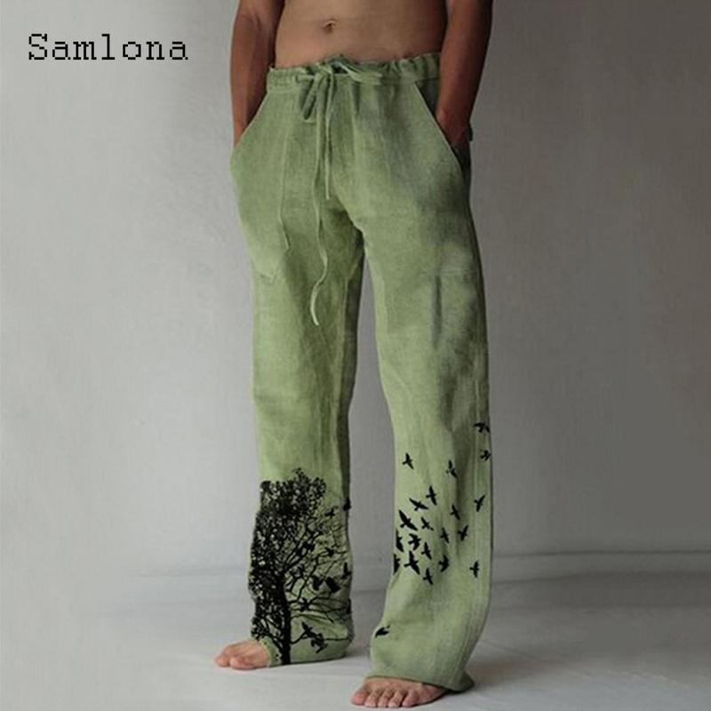 Samlona 2022 männer Taschen Design Leinen Hosen Kordelzug Lose Hosen Plus Größe 3xl Mens Fashion Vögel Feder Drucken_voghion.com