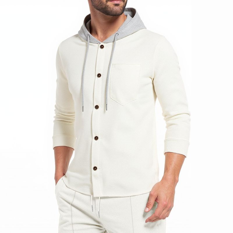 Herrenbekleidung: Herren-Strickjacke mit Waffelstrick, Kapuze, Knopfleiste, langen Ärmeln und Taschen – leichte, lässige Oberbekleidung für alle Jahreszeiten_voghion.com