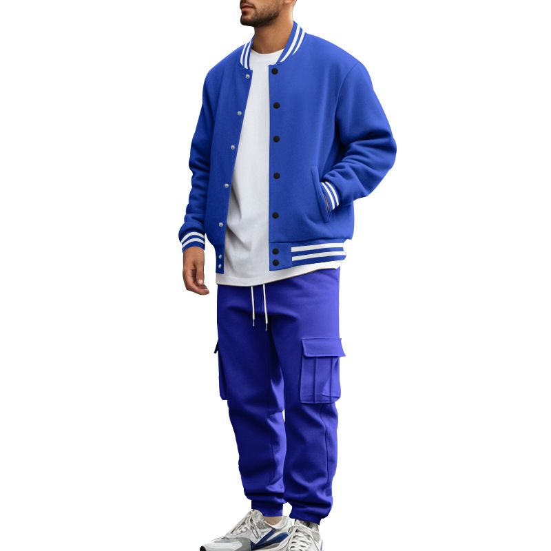 Autumn Winter American Style Stand Collar Baseball Jacket With Fleece Lined Pants Loose Fit Men's Sports Suit_voghion.com