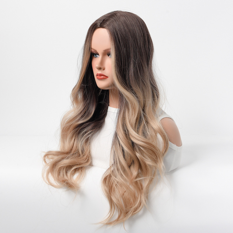 Mädchen mit Mittelscheitel, Farbverlauf, Highlight, langes Haar, große Welle, langes lockiges Haar, mattes Temperament, ganzer Kopf, Perücke_voghion.com