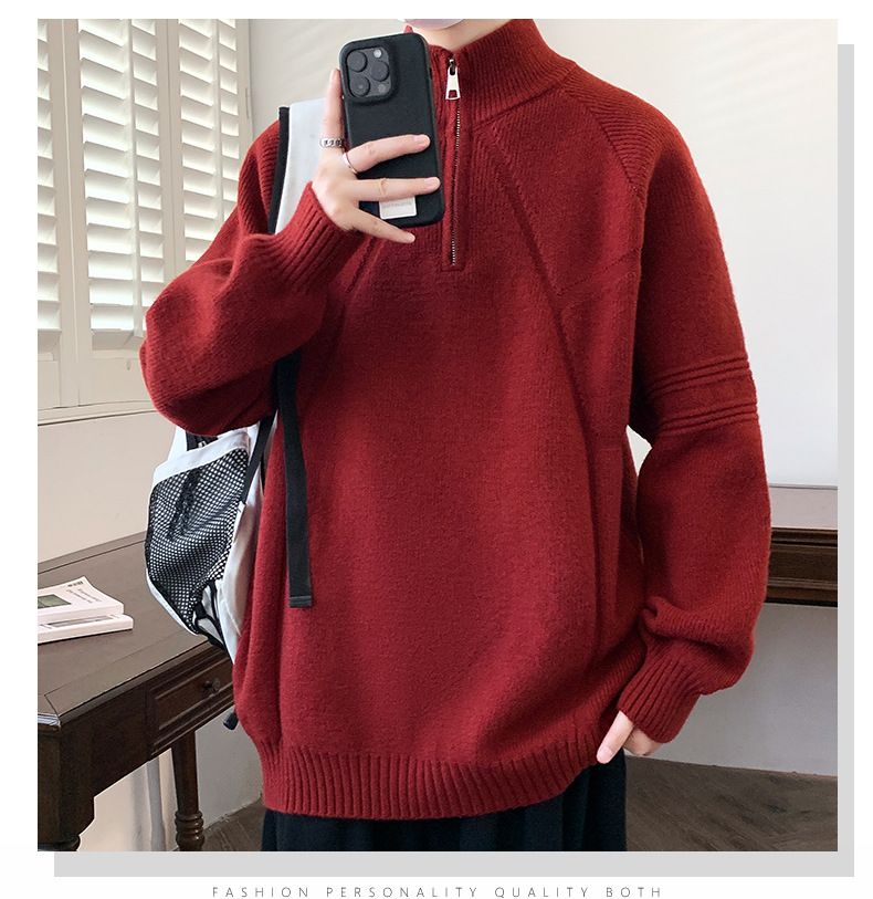 Men's Half-Turtleneck Zip-Up Sweater, Winter Knit Pullover With Stylish Design, Soft Comfortable Loose Fit Casual Wear Pure Color Stretchable Fabric_voghion.com