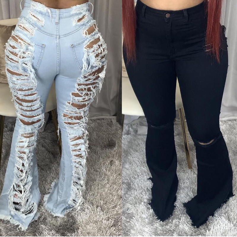 Roupas femininas tendência da moda personalidade rasgada calças largas elásticas_voghion.com