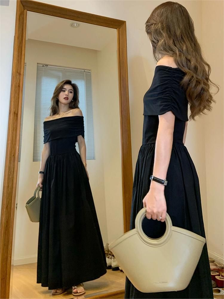 668#Two-Way Wear Schwarz Für Frauen 2025 High-End Elegante Off-Shoulder Taille-Cinching Lange Rohr Kleid_voghion.com