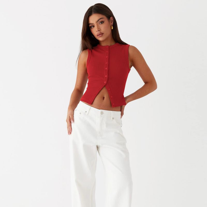 Damenbekleidung Sommer Y2K Slim Hot Girl Ärmellose Weste mit Rundhalsausschnitt und gerippten Knöpfen_voghion.com