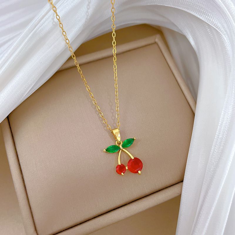 【 Titanstahl 】 Rote Kirschfrucht leichtes Luxustemperament wunderschöne Volldiamanthalskette Damen vielseitiges Schlüsselbein_voghion.com