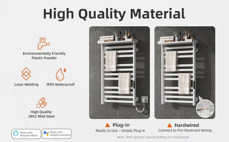 SIOYIE Heated Towel Rack With Shelf And Wi-Fi App Control, 11 Bars Electric Wall Mounted Towel Warmer With Timer & Adjustable Temperature, Low Carbon Steel, Plug-in/Hardwired, White_voghion.com