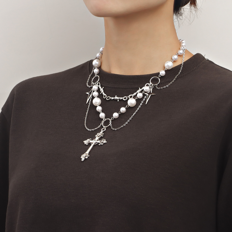 Kruis hanger parelketting gotische ster kwast choker hart kruisbeeld ketting zilveren kralen sieraden voor vrouwen en meisjes_voghion.com