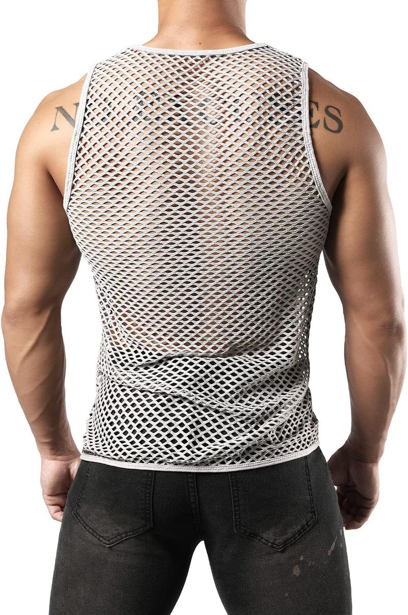 Herrenbekleidung Sommer Neue Hohlweste Rundhals-Top Netzweste Atmungsaktive lockere lässige ärmellose große Bluse Herren_voghion.com