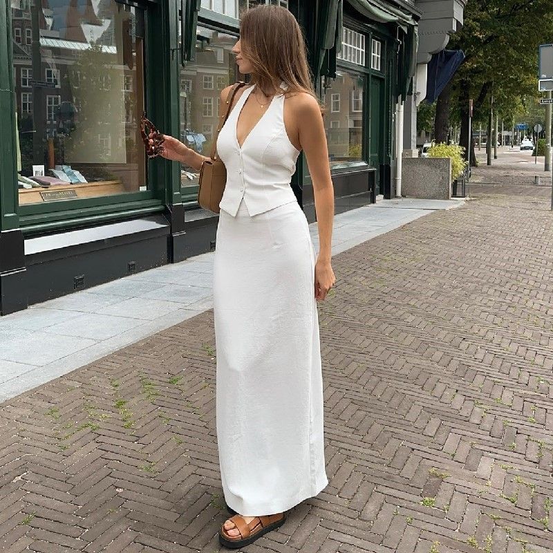 Ensemble deux pièces sexy à la mode pour femmes, haut licou à col en V, jupe fendue taille basse_voghion.com