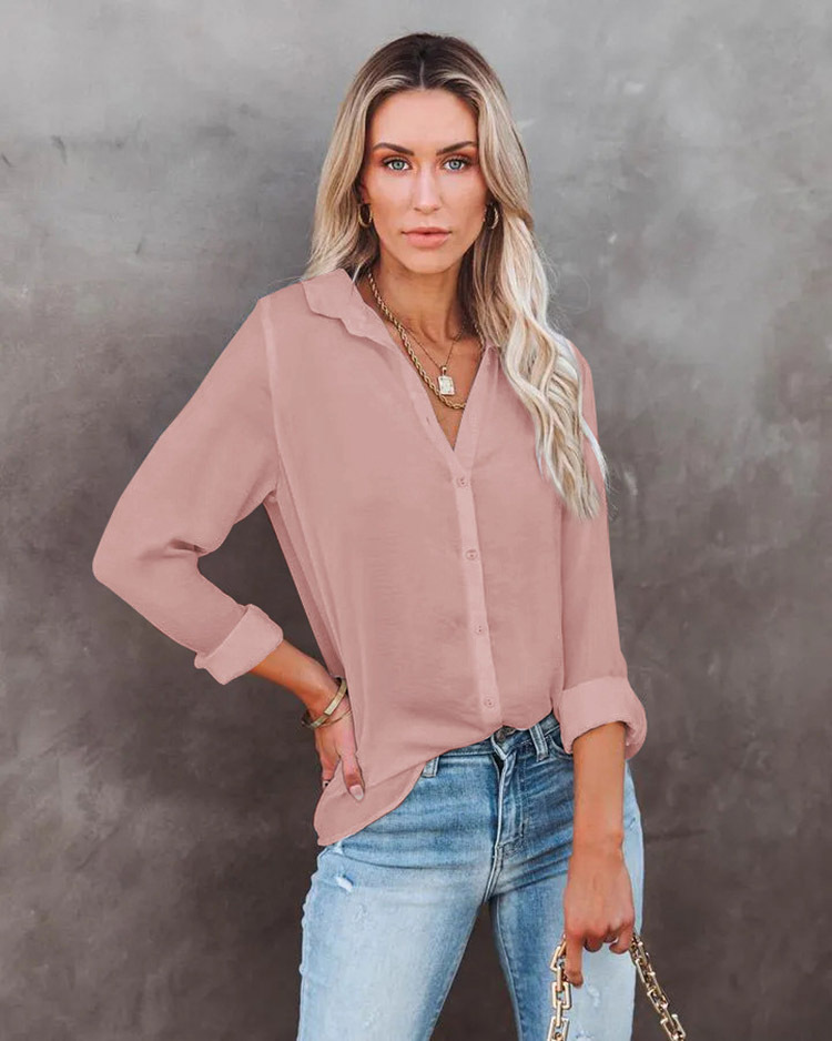 Camisa feminina casual folgada manga comprida abotoada decote em V_voghion.com