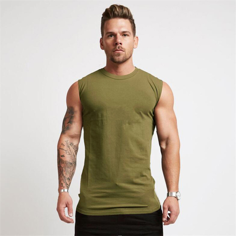 T-shirt senza maniche sportiva estiva solida con piastra liscia Canotta fitness da uomo Canotta da allenamento da corsa in puro cotone_voghion.com