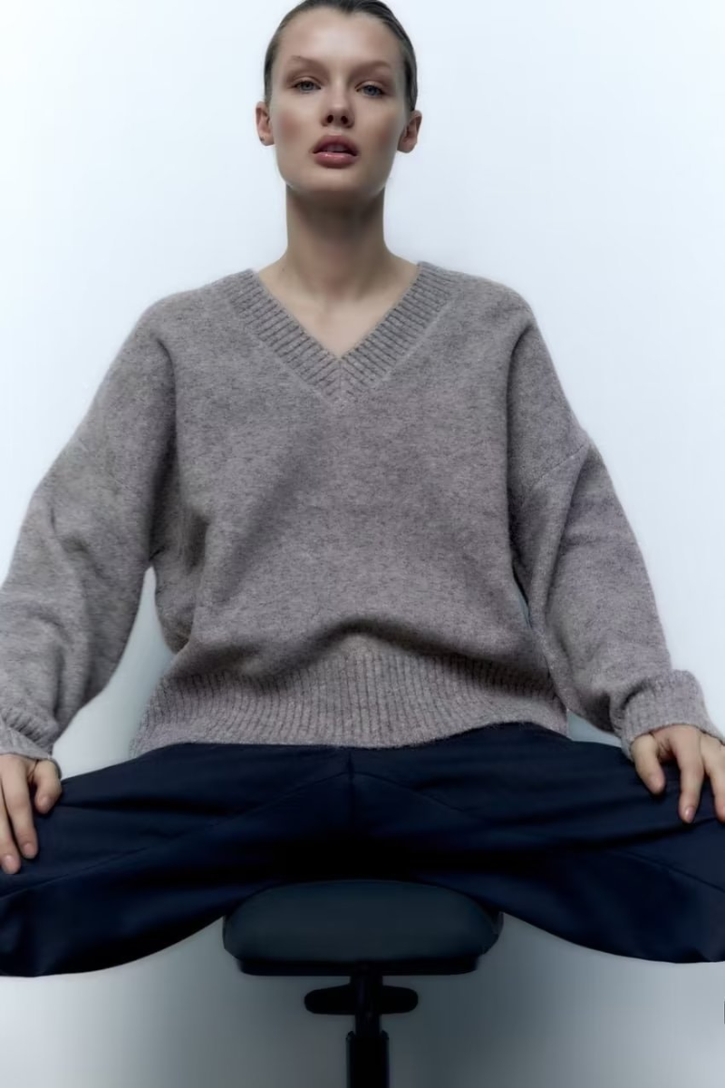 Mode femme col en v mode en direct ample décontracté doux gris pull tricots_voghion.com