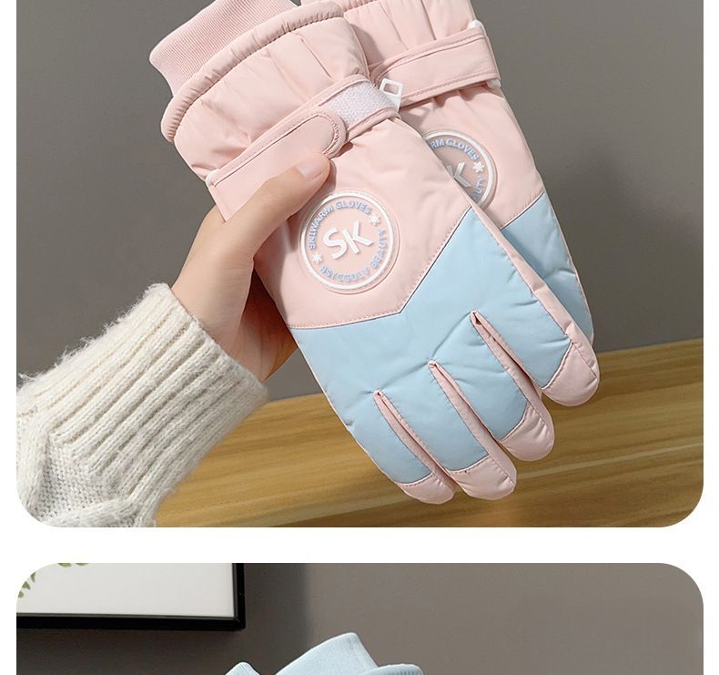 Gants de ski d'hiver pour femmes, doublés en polaire, en coton épais, résistants au froid, chauds, pour cyclisme, vélo électrique, résistants à l'eau, paume complète_voghion.com