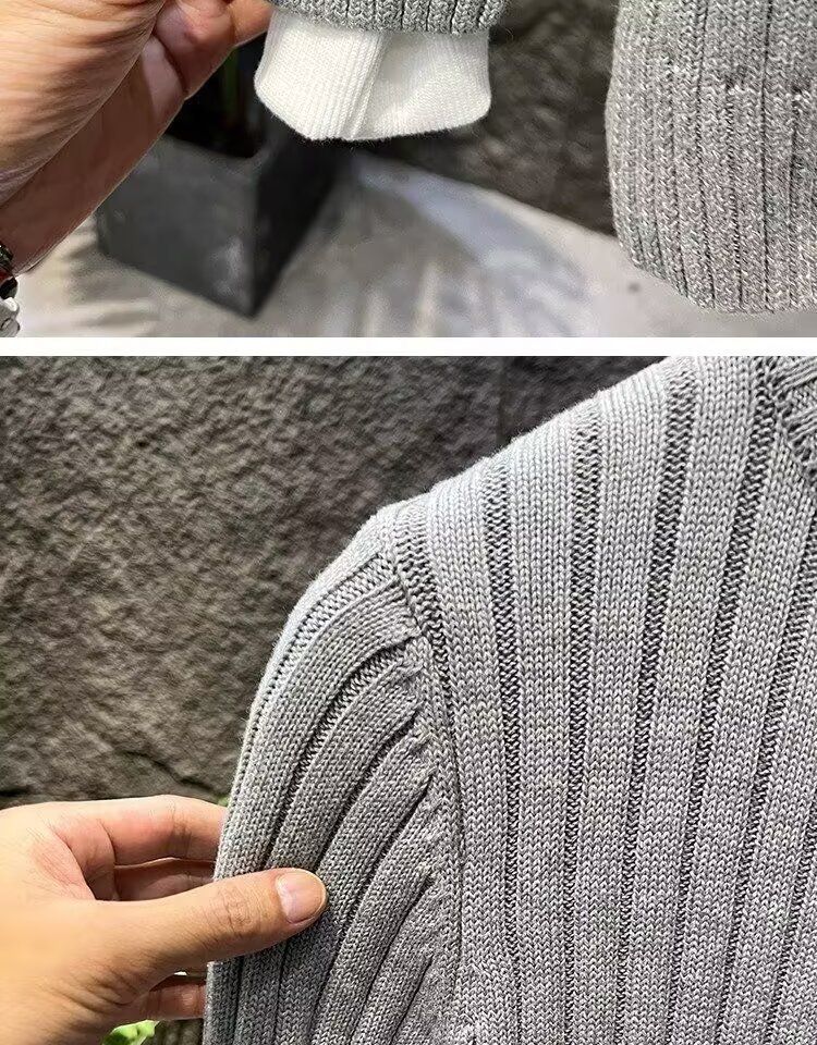 Japanese Minimalist Knit Cardigan – Vintage-Inspired Stand Collar Sweater (Unisex, Oversized Fit) In Classic Grey & Navy_voghion.com