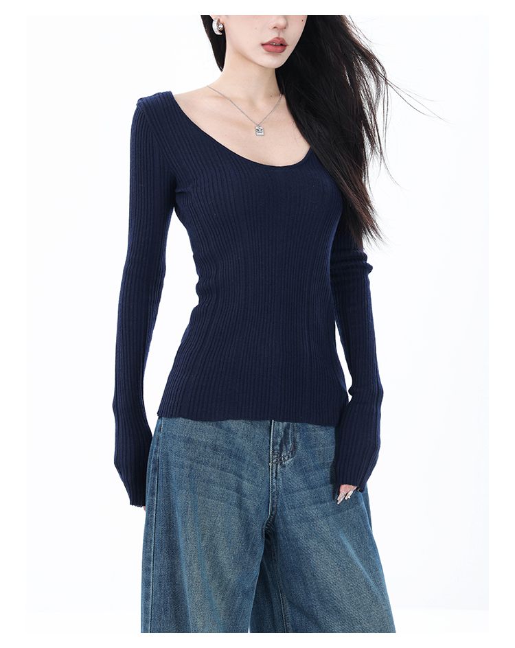 ABWEAR Maglione a maniche lunghe con scollo rotondo blu navy autunno inverno da donna, tinta unita, lavorato a maglia, con base a coste_voghion.com