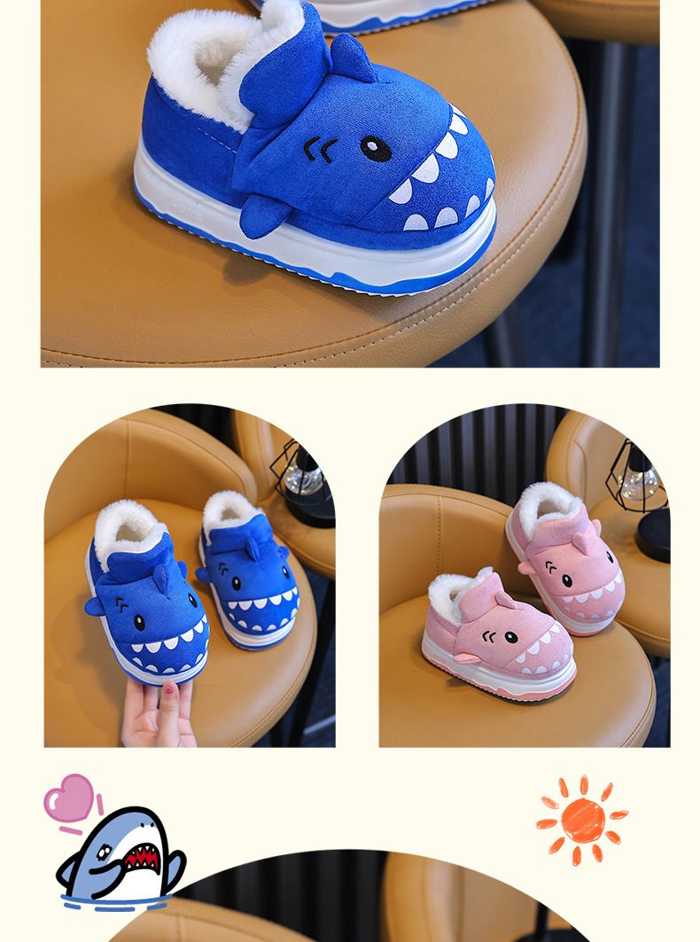 Pantofole per bambini per ragazzi in inverno 2024, nuovo antiscivolo carino squalo bambina con tacco a sacco in peluche e caldo cotone_voghion.com