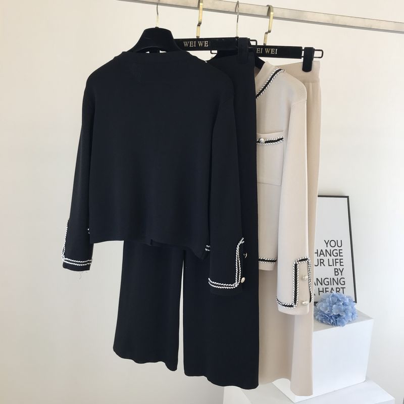 Kadın moda yuvarlak boyun örme hırka üst geniş bacak pantolon iki parçalı set_voghion.com