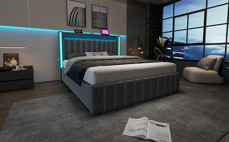 Lit double avec rangement et lattes en bois, chargement USB Type-C, éclairage LED et 4 tiroirs, gris (matelas non inclus). Lit enfant 140 x 200 cm._voghion.com